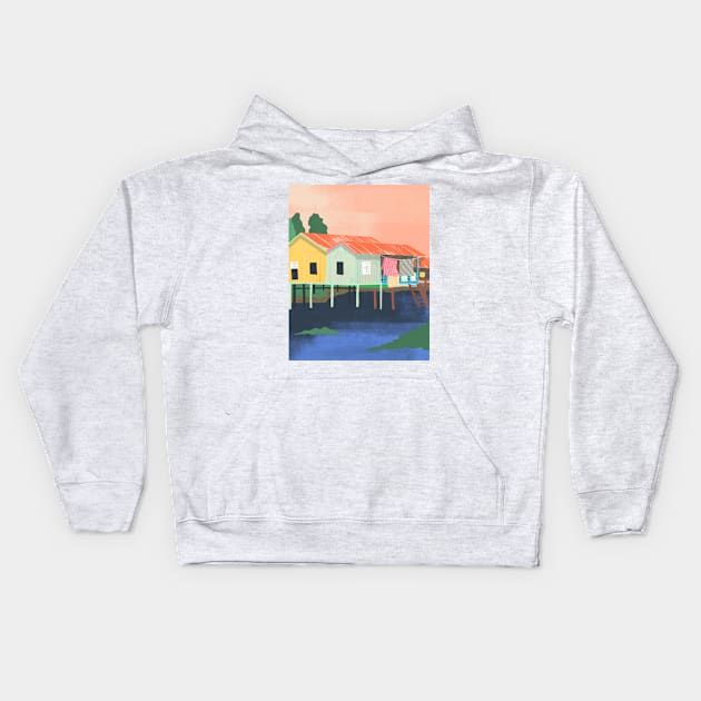 Colorful Stilt Houses Seaside Painting Kids Hoodie by haleyum